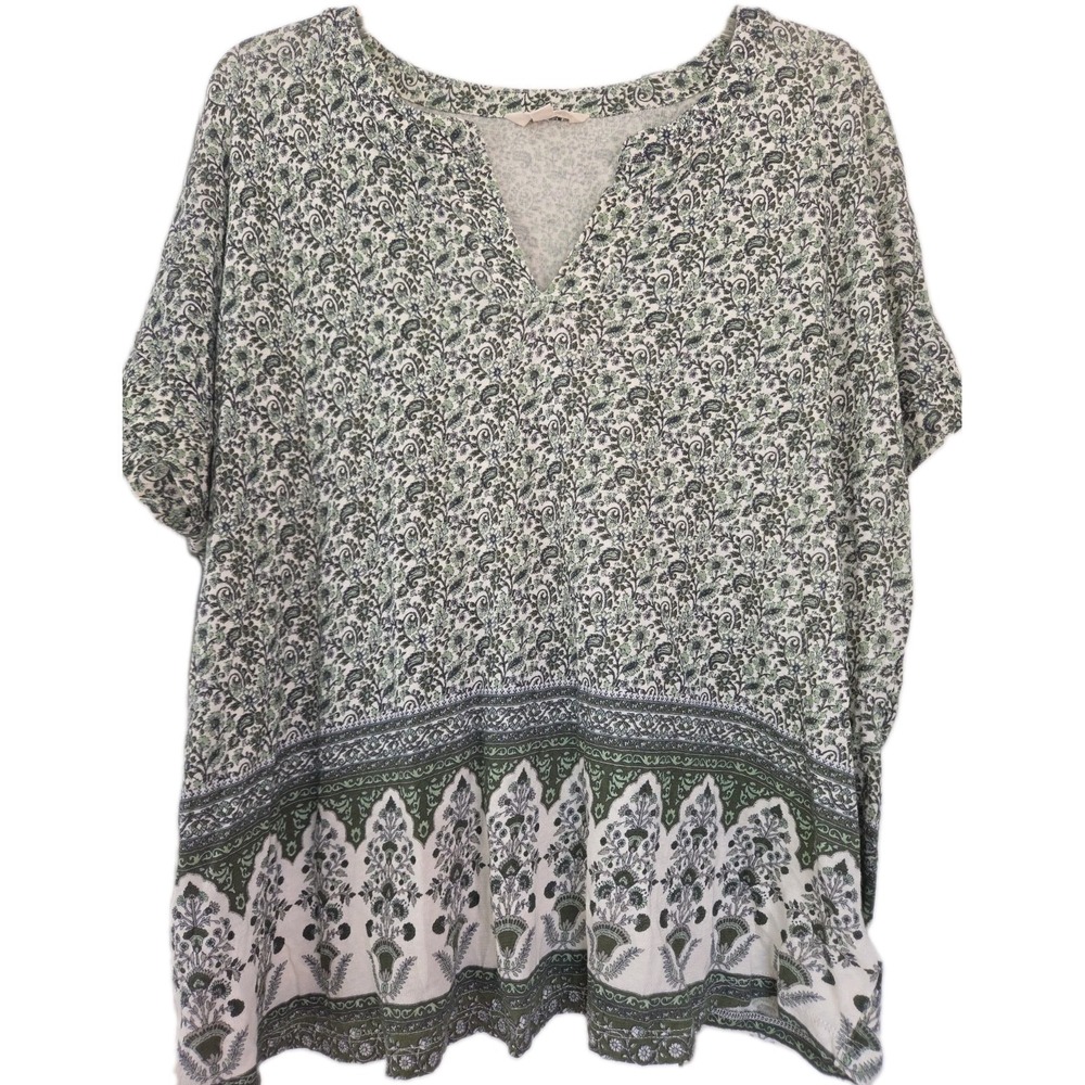Lucky Brand 1X Floral Paisley Boho Peasant Split Neck Top Green Cotton Linen